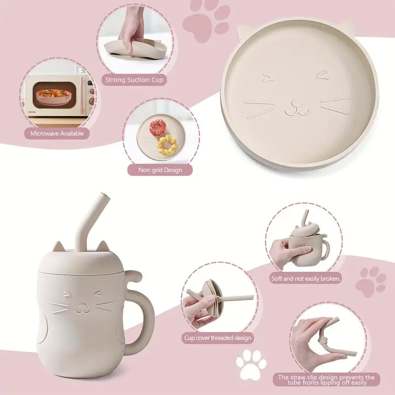 Kitten non-slip silicone tableware set to BLW - with baby bib, plate, cutlery and cup / Beige