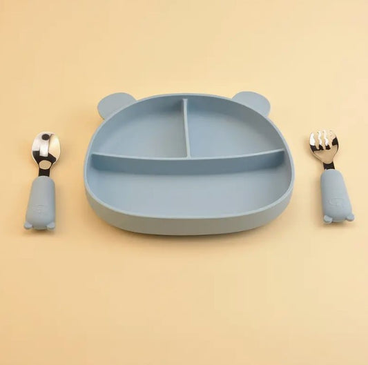 Szilikon étkészlet kisgyermekeknek - Maci - Kék