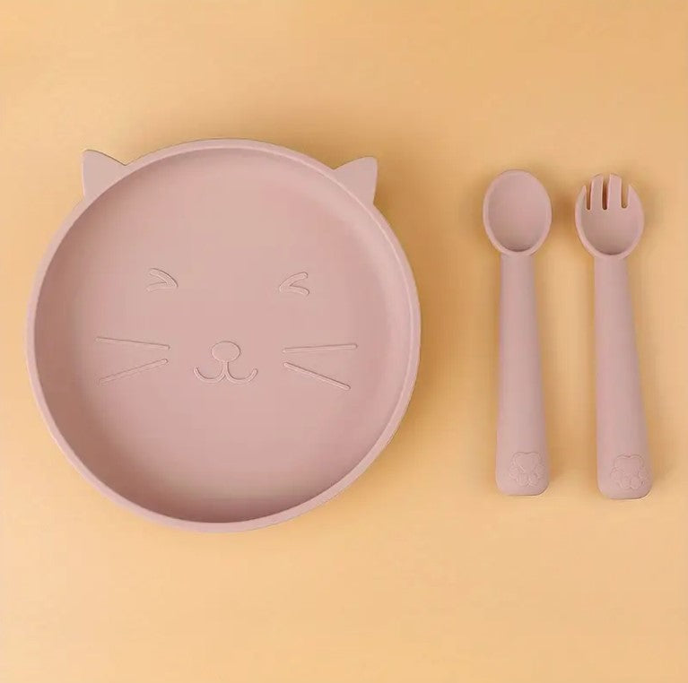 Kitten non-slip silicone tableware set to BLW - with baby bib, plate, cutlery and cup / Pink