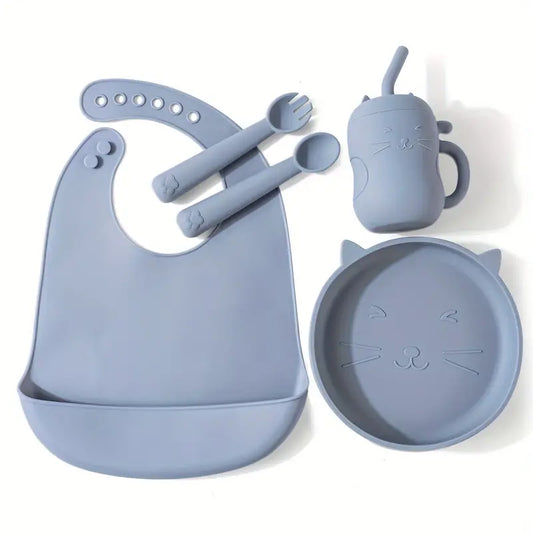 Kitten non-slip silicone tableware set to BLW - with baby bib, plate, cutlery and cup / Blue