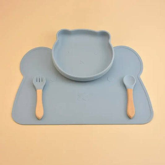 Teddy Bear non-slip silicone tableware to BLW - Blue